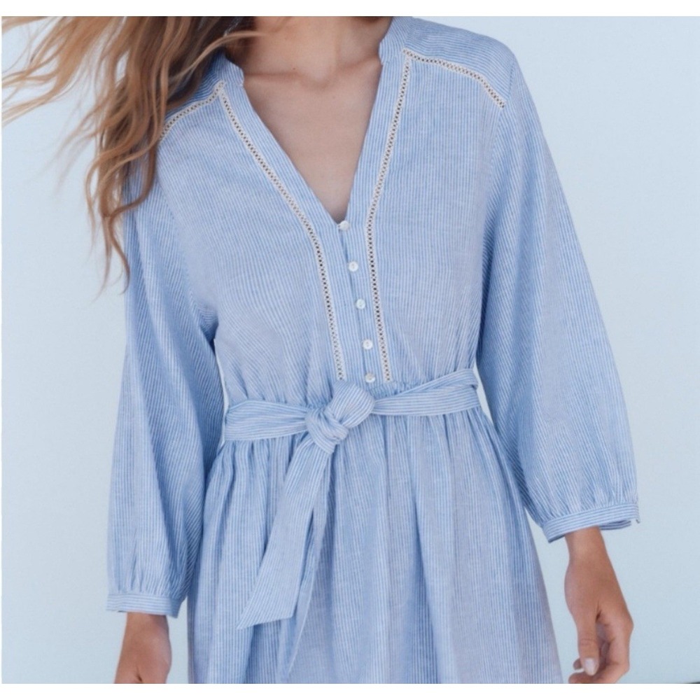Zara Long Sleeve Linen Blend Dress - Blue White Striped V-Neck  - Womens LARGE - Picture 3 of 14